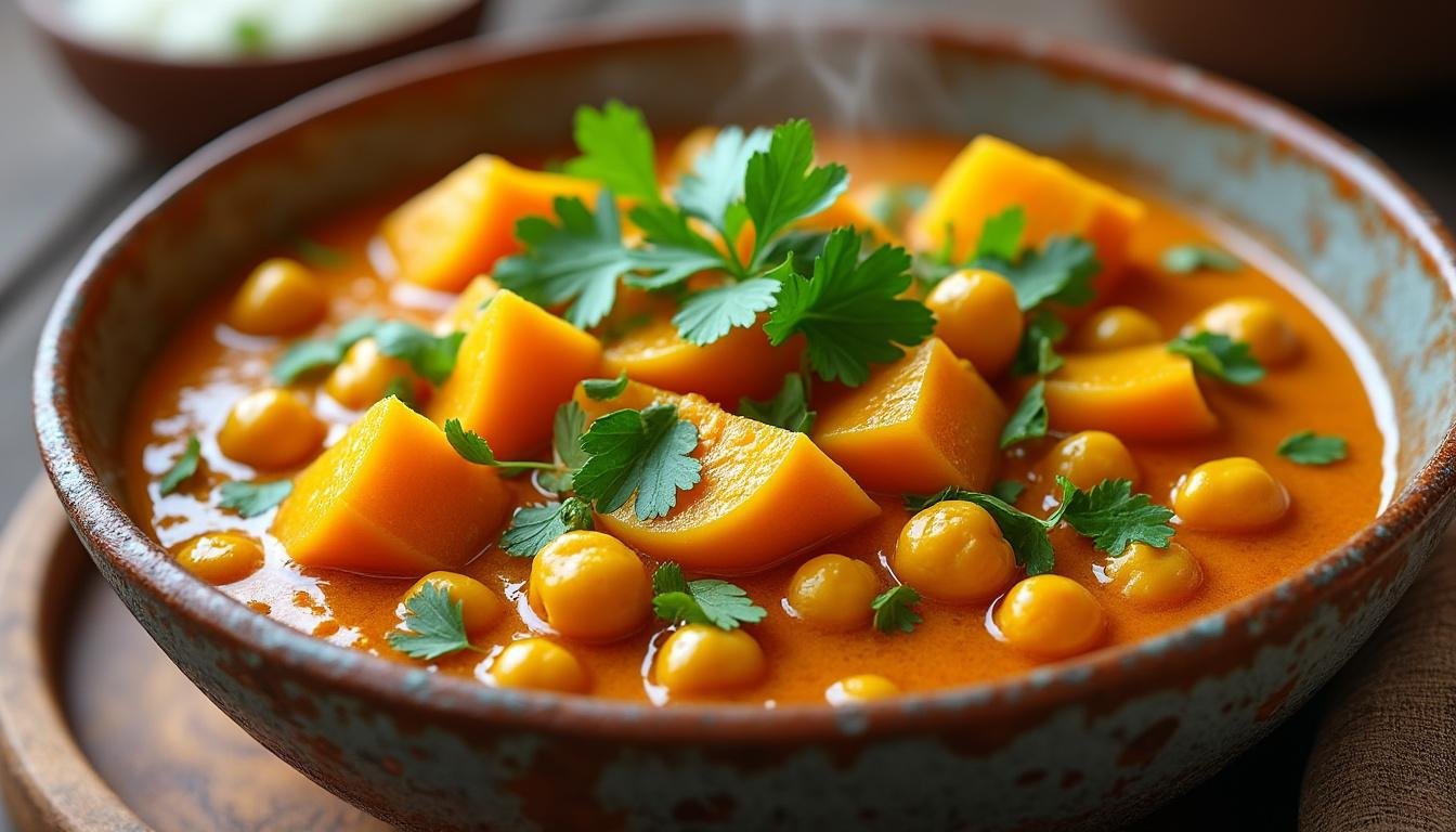 découvrez notre curry de citrouille vegan, préparé avec du lait de coco onctueux, des pois chiches savoureux et une touche de coriandre fraîche. une recette gourmande, saine et facile pour réchauffer vos repas d'automne.