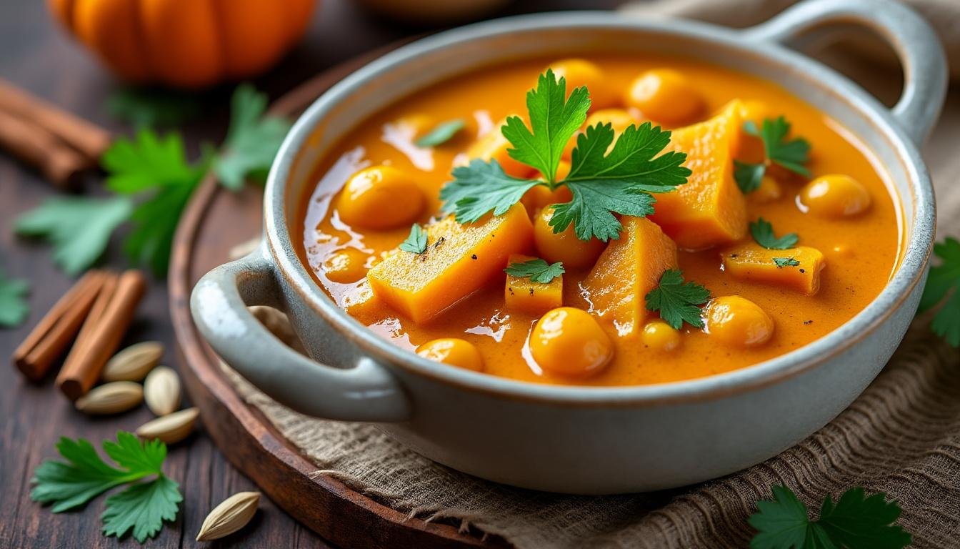 découvrez une recette vegan savoureuse de curry de citrouille au lait de coco, pois chiches et coriandre. un plat exotique, crémeux et parfumé, facile à préparer pour régaler vos papilles.