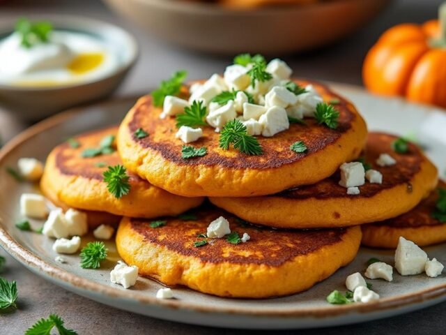 Galettes de citrouille, feta & herbes, yaourt citronné