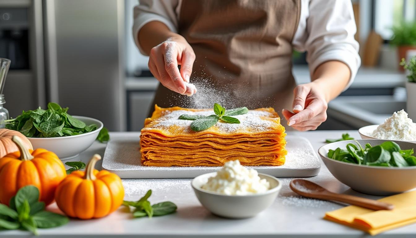 découvrez notre délicieuse recette de lasagnes à la citrouille, ricotta et épinards, un plat végétarien gourmand et plein de saveurs, parfait pour régaler toute la famille !