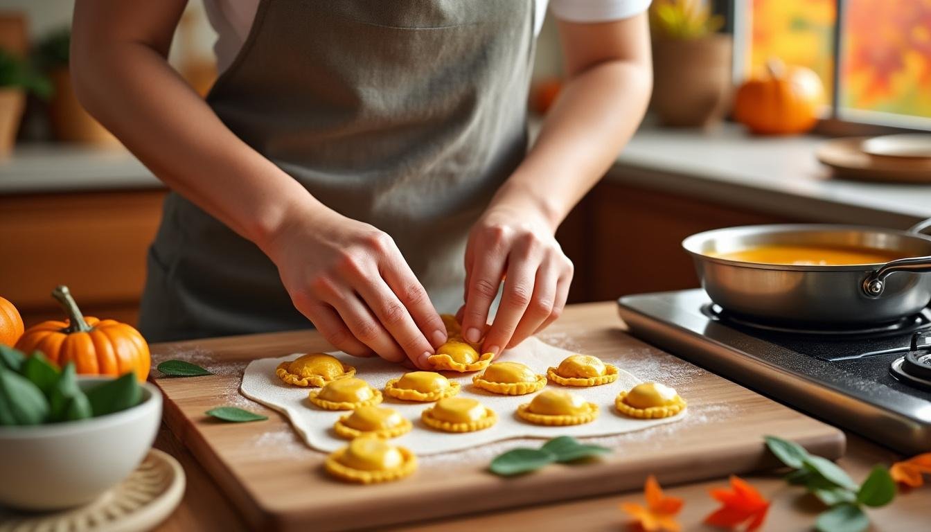 découvrez notre recette de ravioli maison farcis à la citrouille, sublimés par un beurre à la sauge et du fromage pecorino pour un plat savoureux et raffiné, parfait pour régaler vos convives.