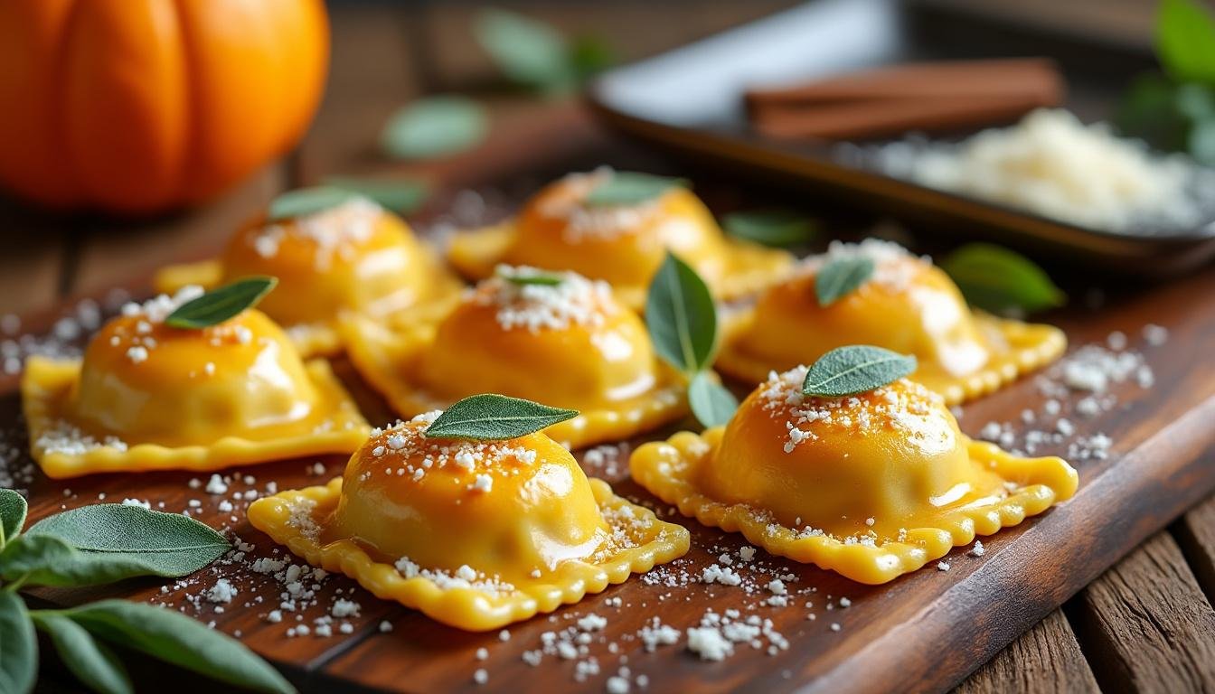 découvrez notre recette gourmande de ravioli maison farcis à la citrouille, nappés de beurre parfumé à la sauge et parsemés de pecorino râpé. une alliance parfaite pour un plat italien authentique et savoureux !