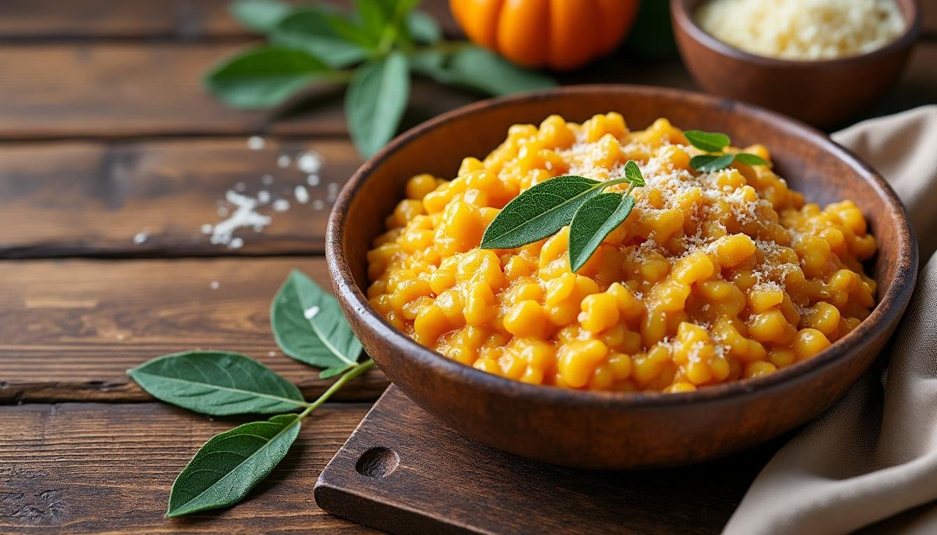 découvrez notre recette de risotto à la citrouille, sublimé par du parmesan fondant et de la sauge croustillante. un plat crémeux et savoureux, parfait pour réchauffer vos soirées d’automne.