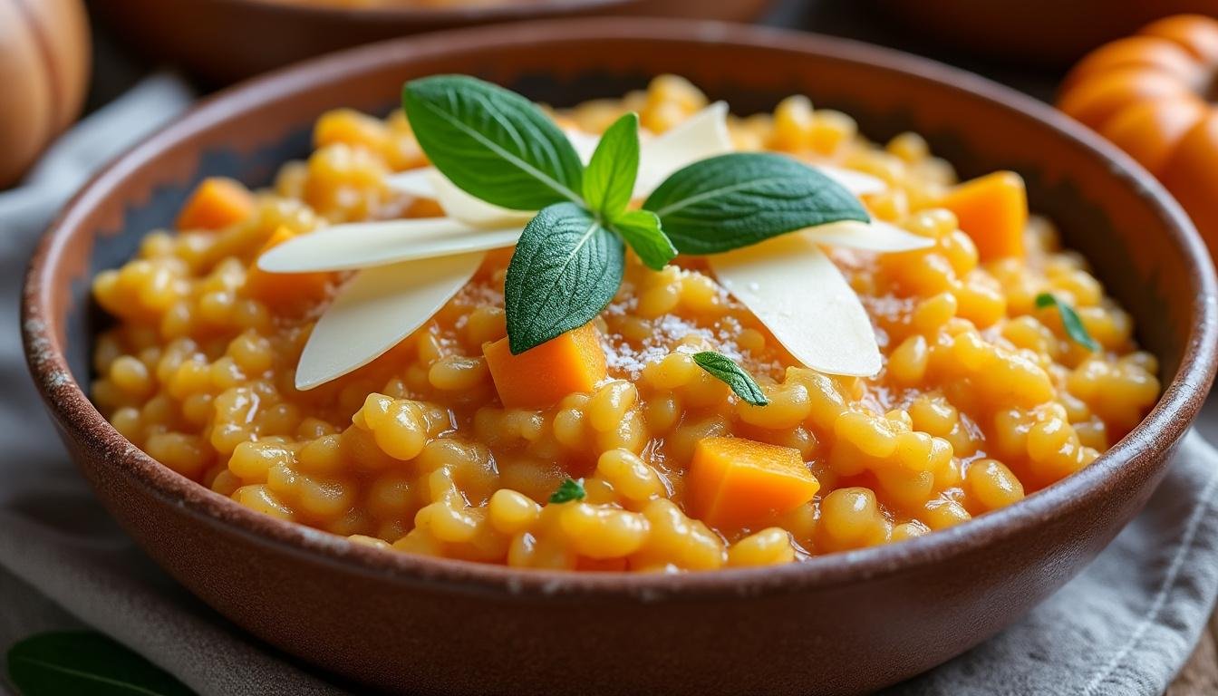 savourez l'automne avec notre risotto à la citrouille, relevé de parmesan fondant et de feuilles de sauge croustillantes. une recette onctueuse et gourmande, idéale pour un repas réconfortant et plein de saveurs saisonnières.