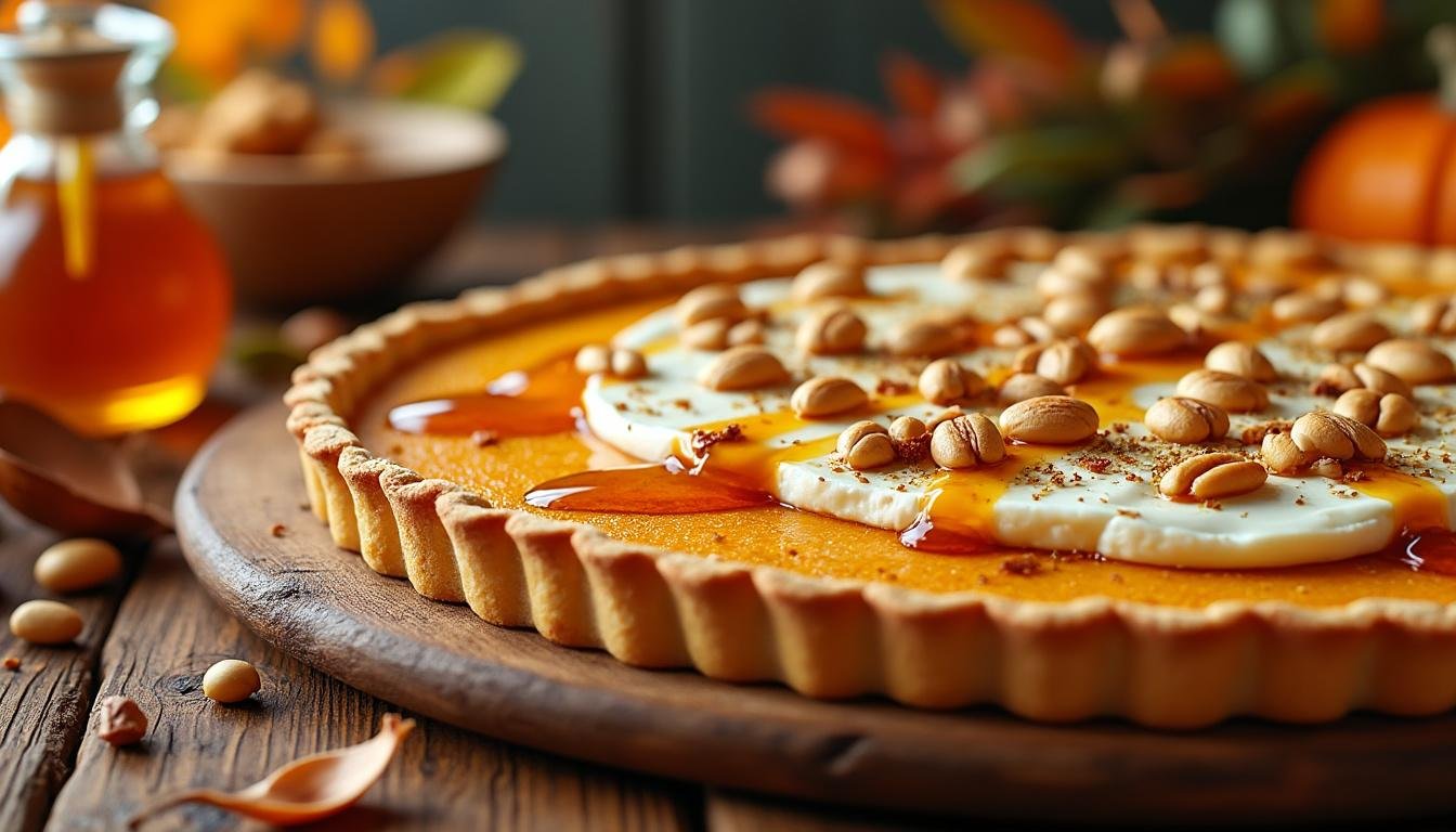 découvrez une tarte salée gourmande à la citrouille, garnie de chèvre frais, de miel délicat et de pignons grillés. une recette savoureuse et originale, parfaite pour régaler vos convives en toute saison !