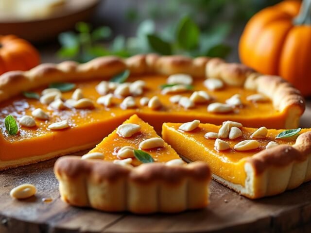 Tarte salée citrouille, chèvre frais & miel, pignons grillés
