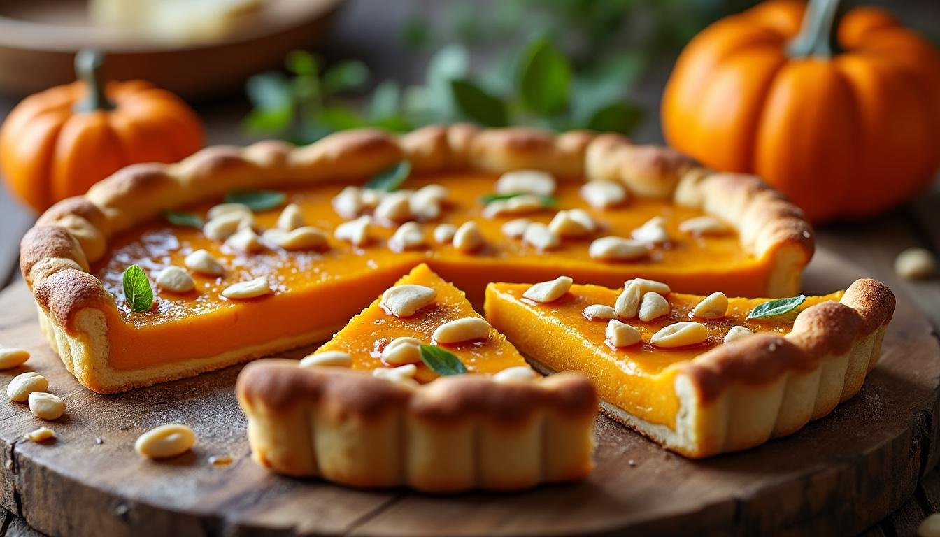 découvrez notre délicieuse tarte salée à la citrouille, chèvre frais et miel, garnie de pignons grillés. un plat gourmand et original, parfait pour égayer vos repas d'automne !