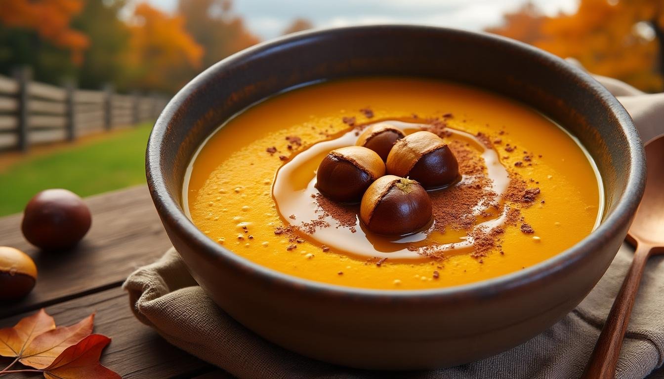 découvrez notre recette gourmande de velouté de citrouille rôtie, sublimée par des châtaignes et un filet d’huile de noisette. un potage crémeux, parfumé et réconfortant, parfait pour l’automne !