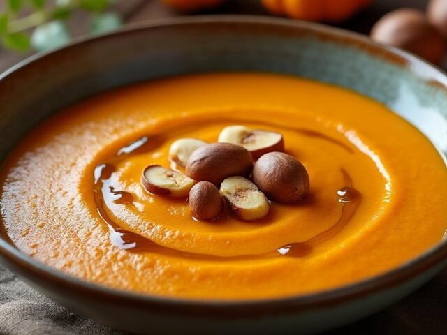 Velouté de citrouille rôtie, châtaignes & huile de noisette
