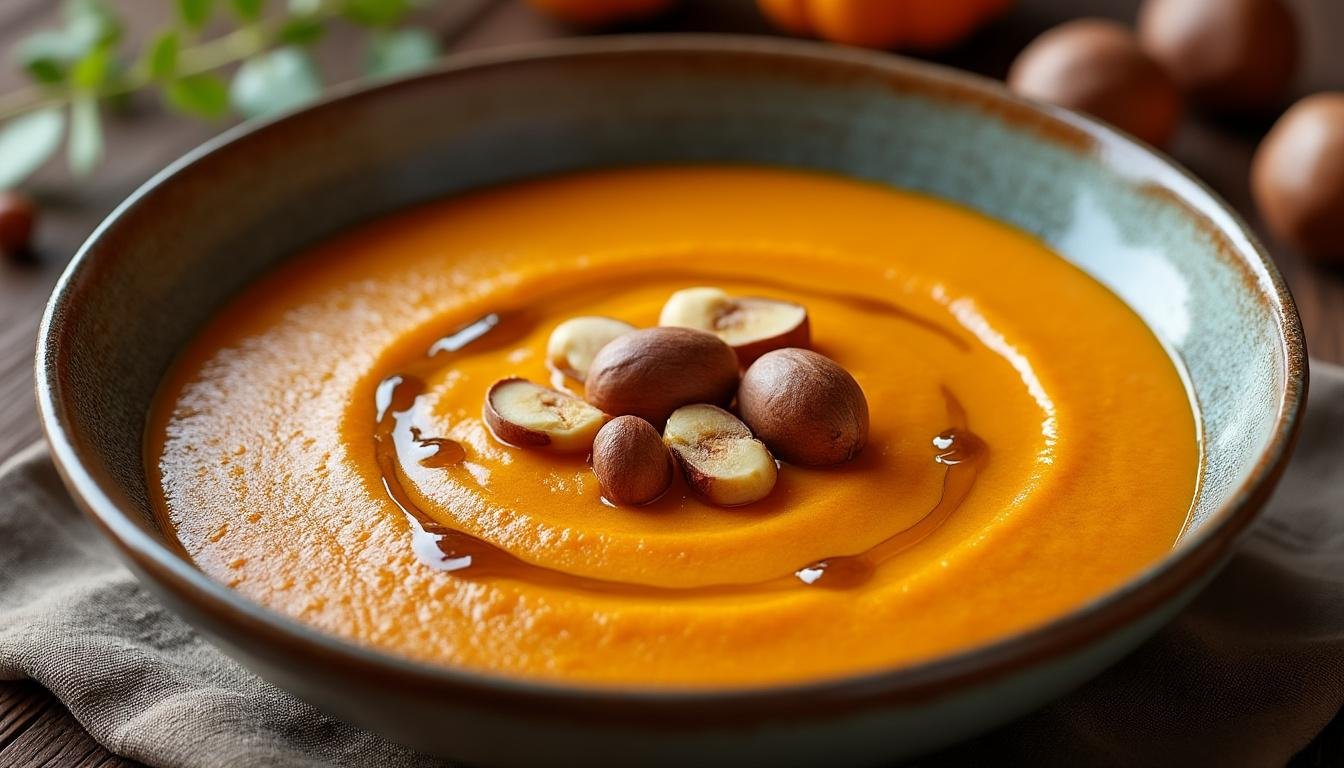 découvrez notre recette gourmande de velouté de citrouille rôtie, sublimée par la douceur des châtaignes et une touche raffinée d'huile de noisette. un plat réconfortant et savoureux, parfait pour l'automne.