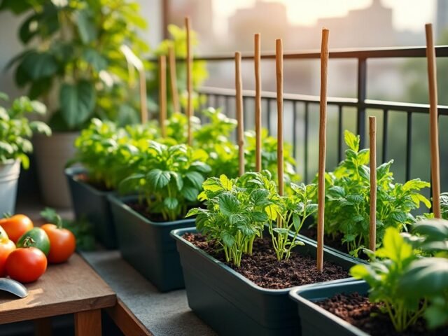 Potager balcon : contenants profonds, tuteurs discrets, substrat maison