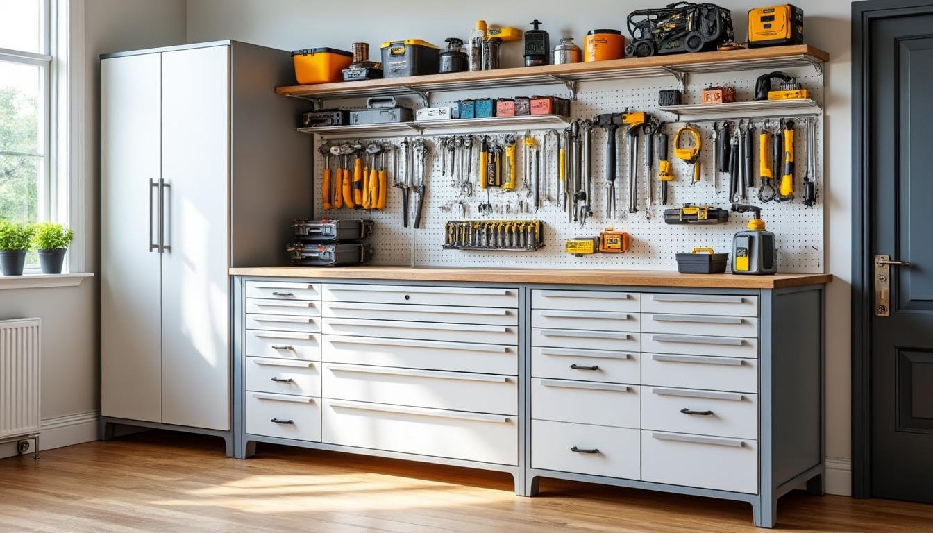 organisez votre atelier maison efficacement avec des solutions pratiques : outils rangés, rails muraux installés et caissons à tiroirs optimisés pour un espace de travail ordonné et fonctionnel.