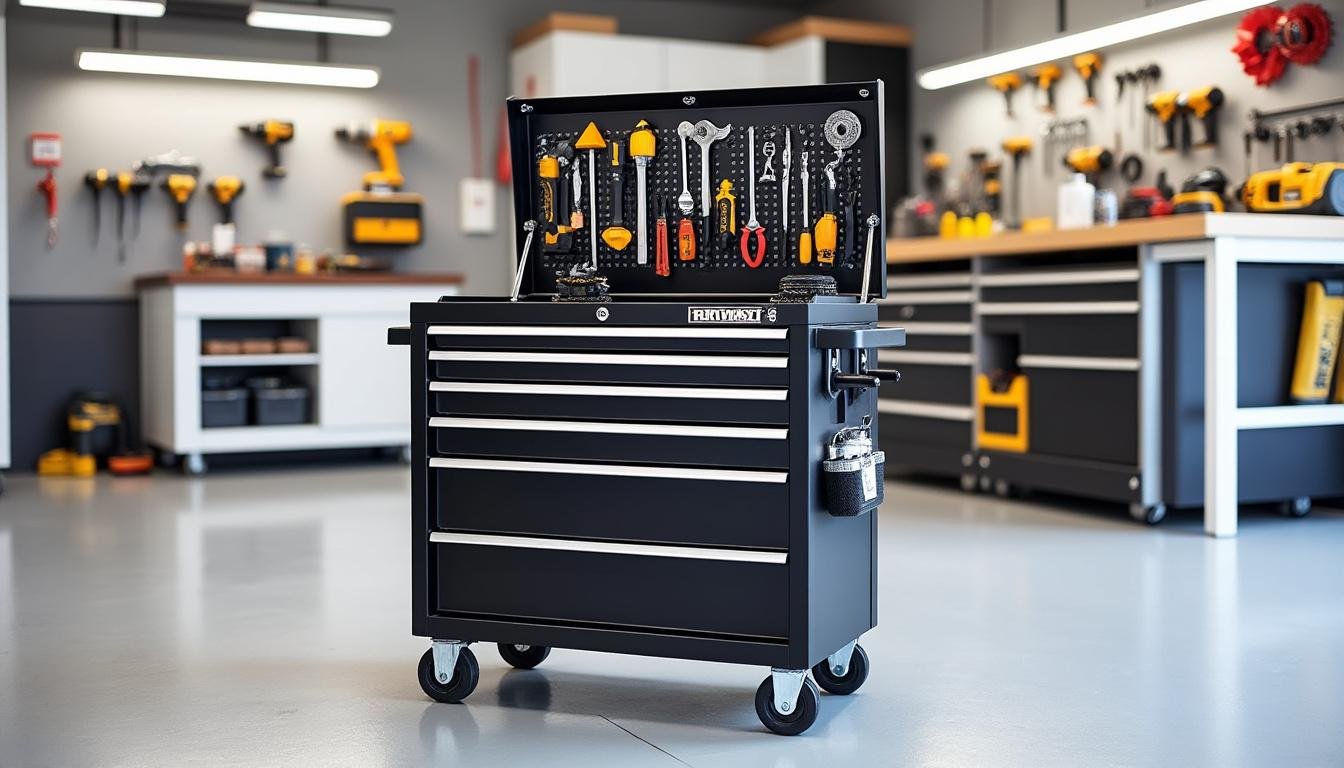 optimisez votre atelier maison en organisant efficacement vos outils grâce aux rails muraux et aux caissons à tiroirs pour un espace de travail ordonné et fonctionnel.