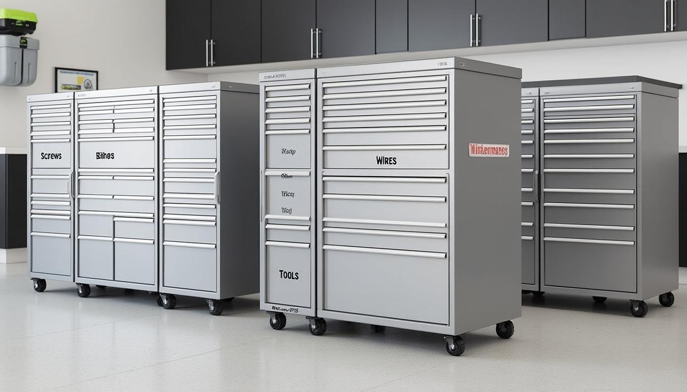 découvrez comment organiser efficacement votre atelier maison avec des outils bien rangés, des rails muraux pratiques et des caissons à tiroirs fonctionnels pour un espace de travail optimisé.