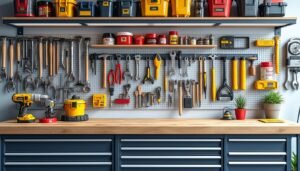 découvrez comment organiser efficacement votre atelier maison avec des outils bien rangés, des rails muraux pratiques et des caissons à tiroirs astucieux pour un espace de travail optimisé.